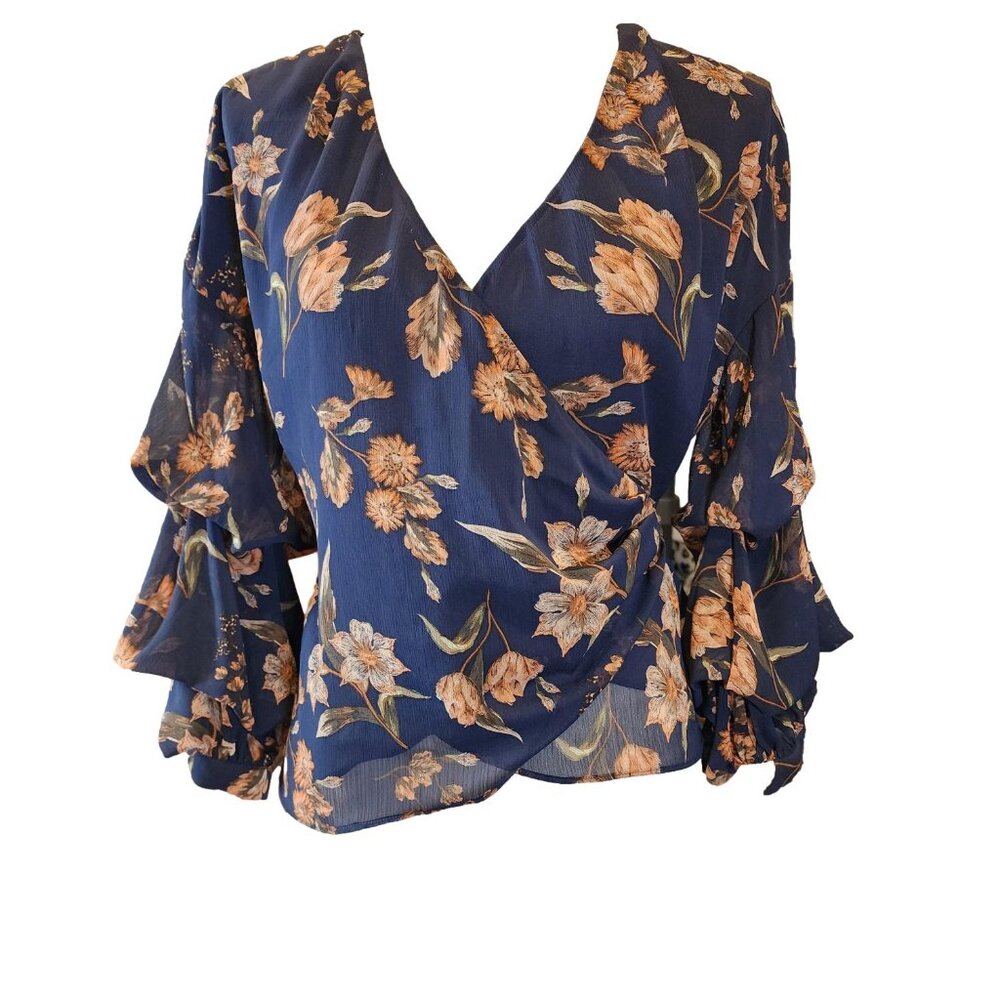 Beautiful Sheer Blue Floral Wrap Top by ASTR. Size: Small